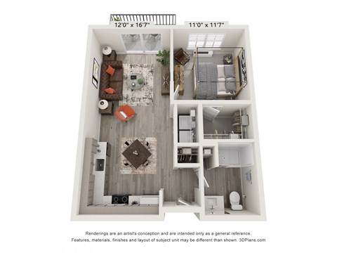 Floor plan for 1 bed, 1 bath, 622 sqft